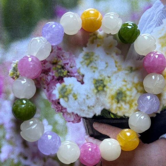 Jewelry - Vibrant 10mm Burmese Jade Beaded Bracelet with Pink, Purple, and Yellow Accents